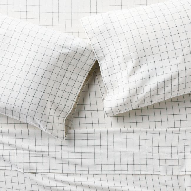 Organic Cotton Flannel Spruce Green King Windowpane Bed Sheet Set