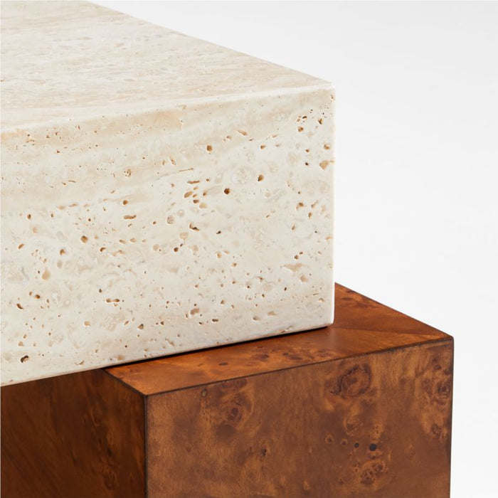 Dualité Travertine and Burl Wood Block Leg 53" Coffee Table by Athena Calderone