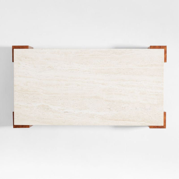 Dualité Travertine and Burl Wood Block Leg 53" Coffee Table by Athena Calderone
