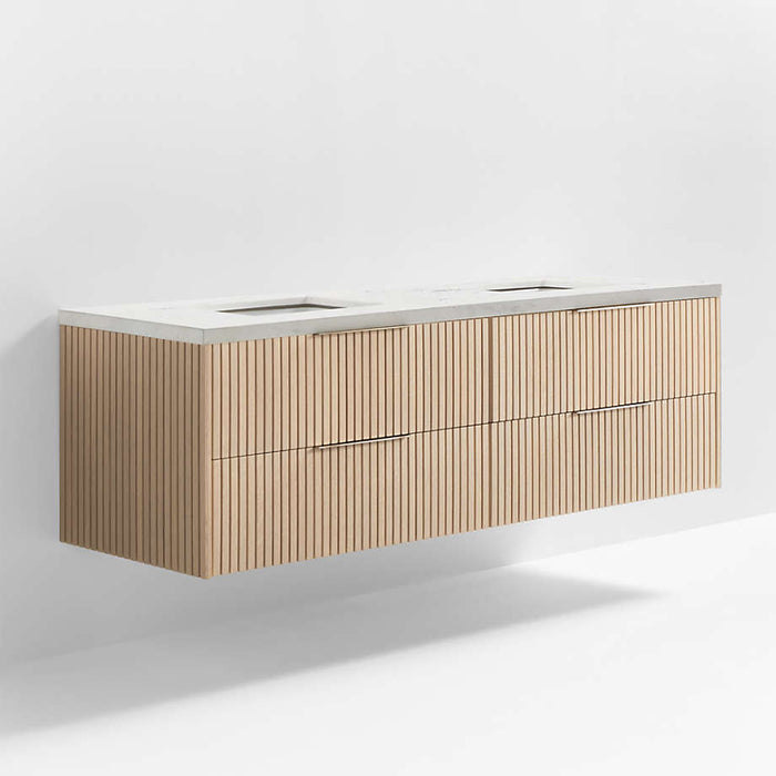 Batten 72" White Marble Top and Oak Wood Double Sink Floating Vanity