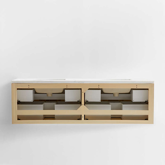 Batten 72" White Marble Top and Oak Wood Double Sink Floating Vanity