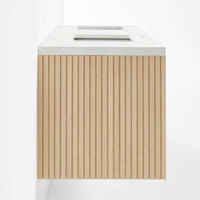 Batten 72" White Marble Top and Oak Wood Double Sink Floating Vanity