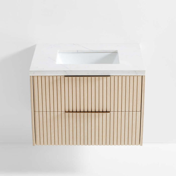 Batten 30" White Marble Top and Oak Wood Single Sink Floating Vanity