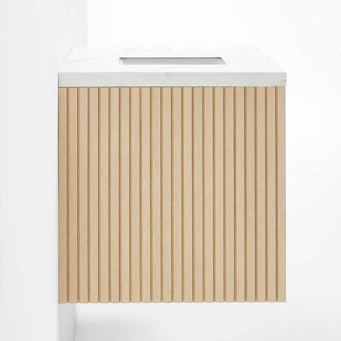 Batten 30" White Marble Top and Oak Wood Single Sink Floating Vanity