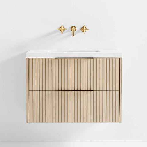 Batten 30" White Marble Top and Oak Wood Single Sink Floating Vanity