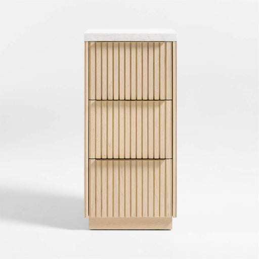 Batten White Oak Wood and Marble Bath Storage Tower with 3 Drawers