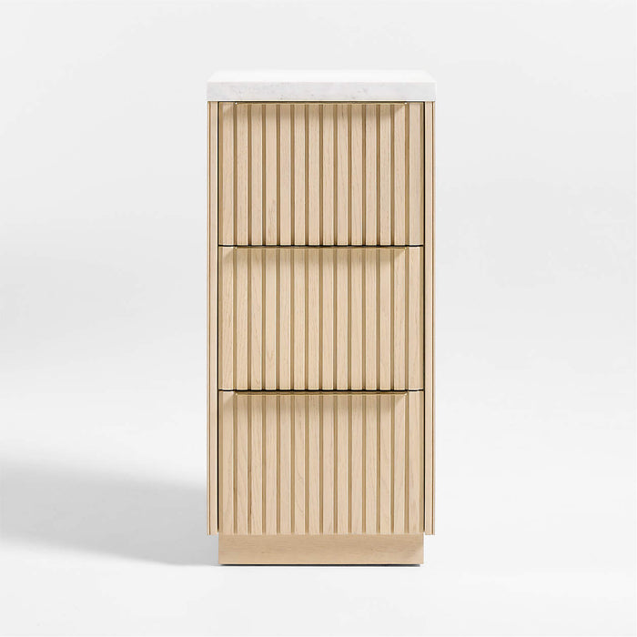 Batten White Oak Wood and Marble Bath Storage Tower with 3 Drawers