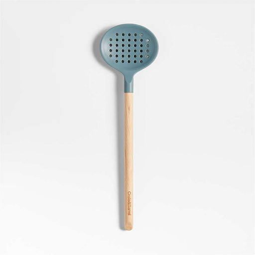 Crate & Barrel Deep Sage Green Silicone and Wood Slotted Spoon