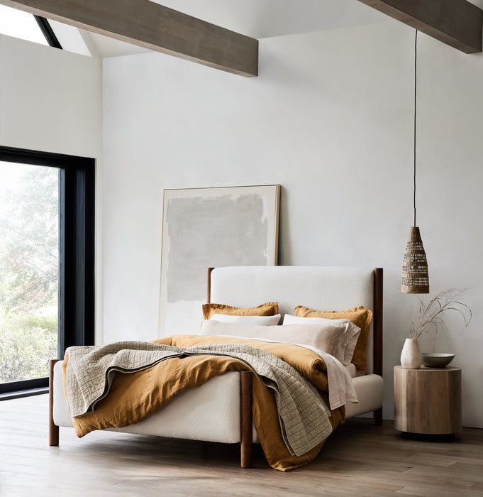 Goleta Bouclé Upholstered Solid Oak Queen Bed
