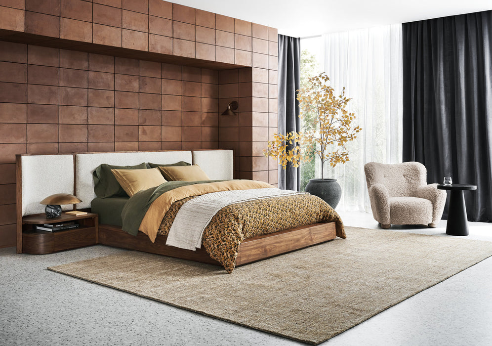 Milano Natural Walnut Wood Upholstered Queen Bed with Nightstands