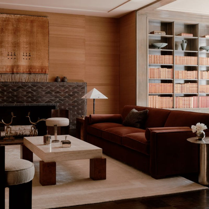 Dualité Travertine and Burl Wood Block Leg 53" Coffee Table by Athena Calderone