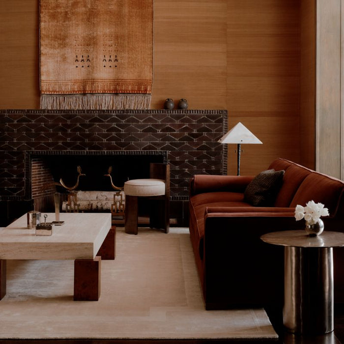 Dualité Travertine and Burl Wood Block Leg 53" Coffee Table by Athena Calderone