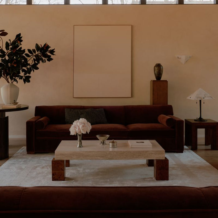 Dualité Travertine and Burl Wood Block Leg 53" Coffee Table by Athena Calderone