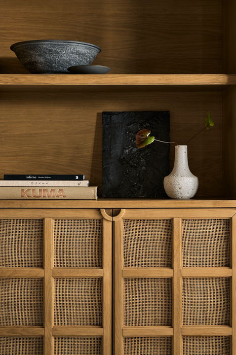 Campagna 39" Rattan and Natural Oak Wood 3-Shelf Storage Bookcase Cabinet