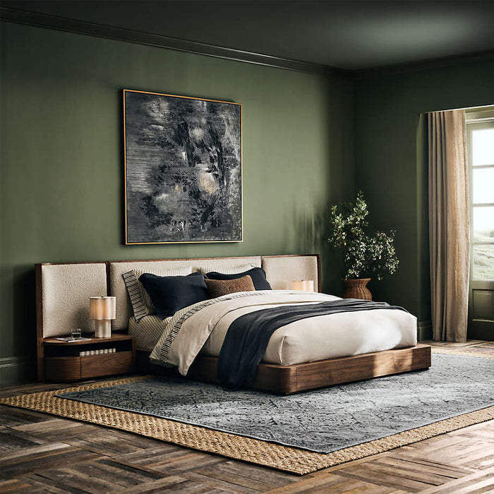 Milano Natural Walnut Wood Upholstered Queen Bed with Nightstands