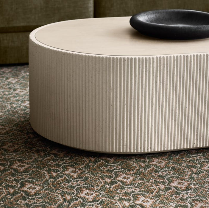 Kahn Off-White Concrete and Oak Wood Ribbed 62" Oval Coffee Table