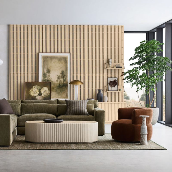 Kahn Off-White Concrete and Oak Wood Ribbed 62" Oval Coffee Table