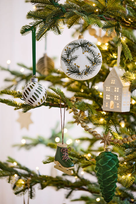 Green & White Ceramic Christmas Ornament, Set of 6