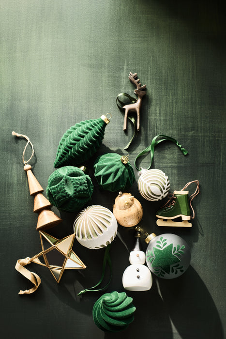 Green & White Ceramic Christmas Ornament, Set of 6