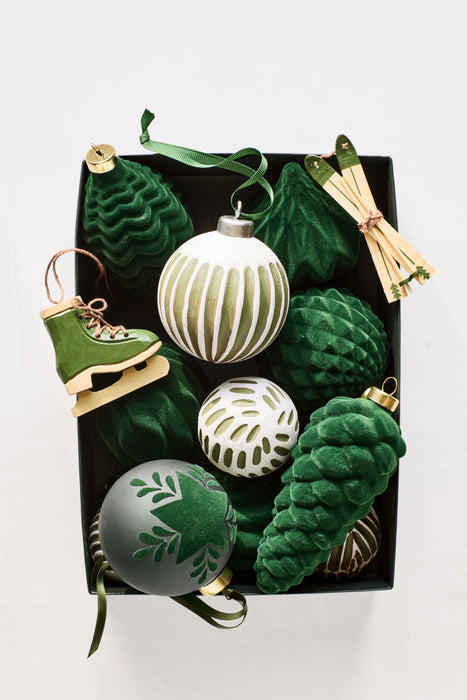 Green & White Ceramic Christmas Ornament, Set of 6