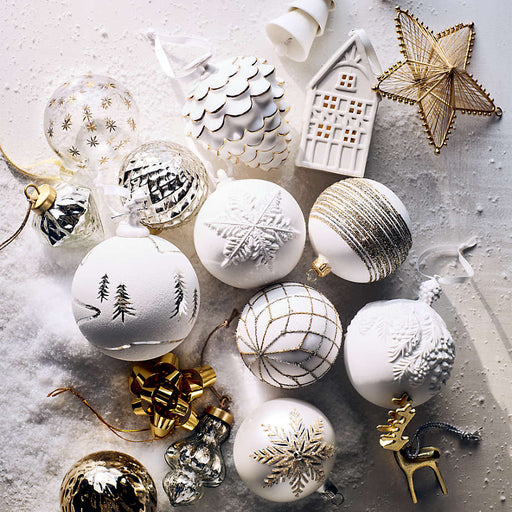 Silver and Gold Glitter Striped White Glass Ball Christmas Tree Ornament