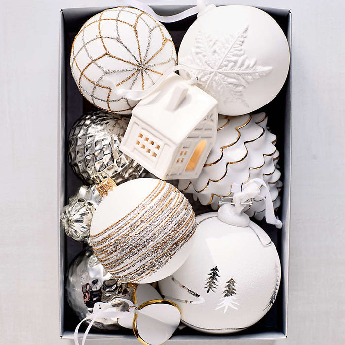 Silver and Gold Glitter Striped White Glass Ball Christmas Tree Ornament