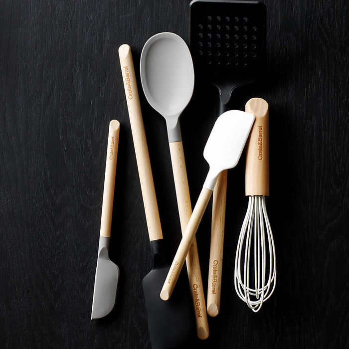 Crate & Barrel Black Silicone and Wood Slotted Turner