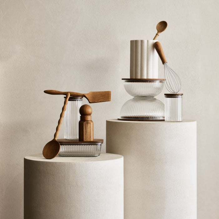 Small Plisse Glass Canister with Wood Lid by Laura Kim