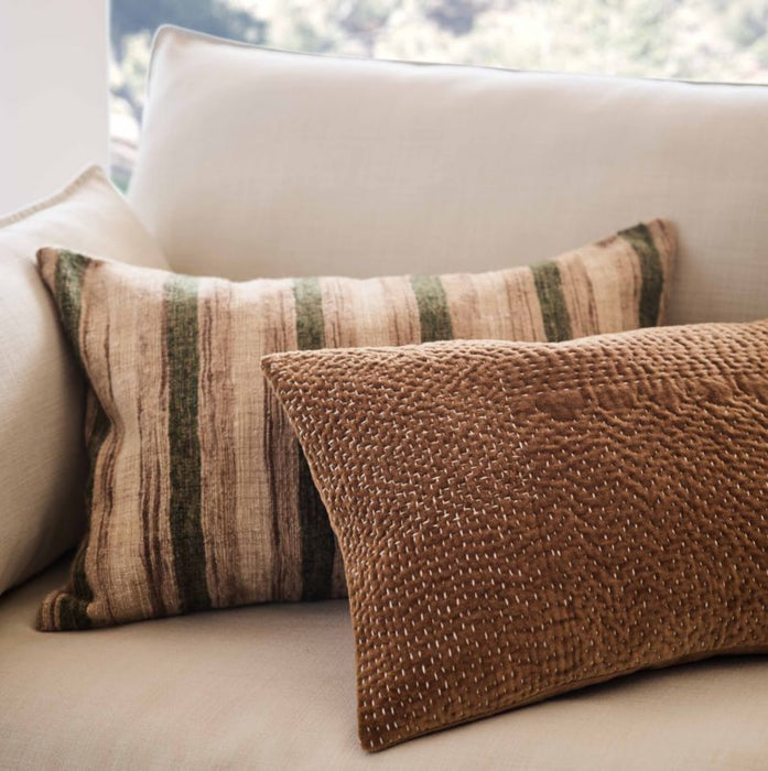 Sashiko Organic Cotton Velvet 22"x15" Camel Tan Throw Pillow Cover