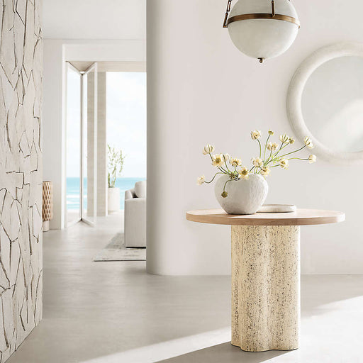 Fleur 36" Faux Travertine and Wood Round Pedestal Dining Table