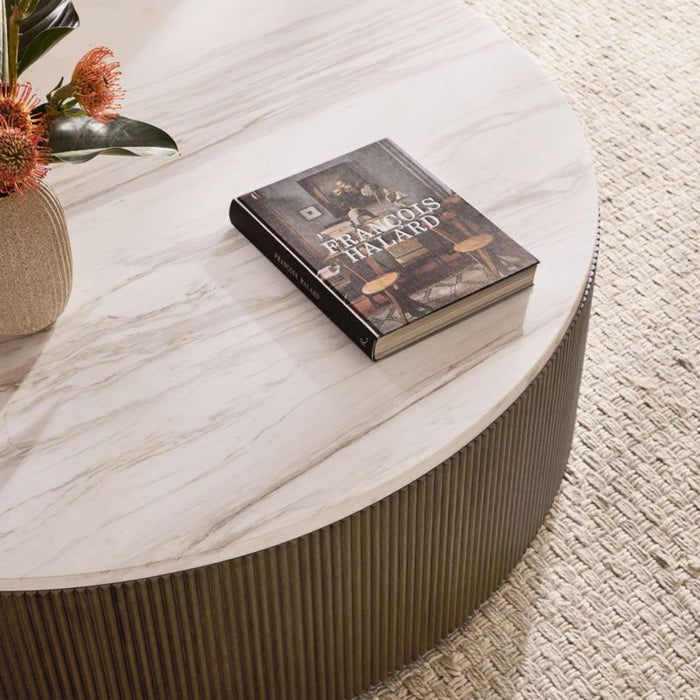 Troupe Marble and Oak Ribbed 56" Round Coffee Table