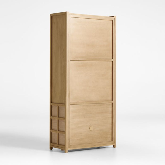 Campagna 39" Rattan and Natural Oak Wood 3-Shelf Storage Bookcase Cabinet
