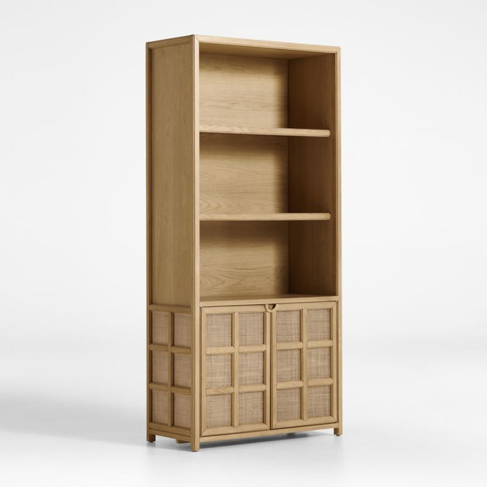 Campagna 39" Rattan and Natural Oak Wood 3-Shelf Storage Bookcase Cabinet