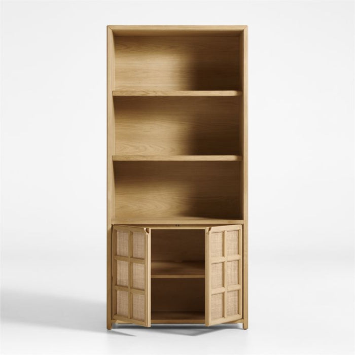 Campagna 39" Rattan and Natural Oak Wood 3-Shelf Storage Bookcase Cabinet