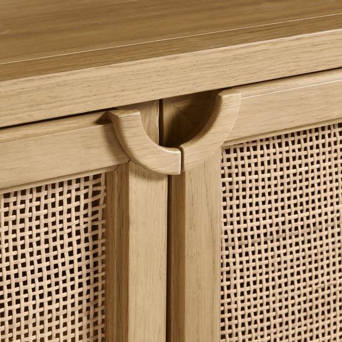 Campagna 39" Rattan and Natural Oak Wood 3-Shelf Storage Bookcase Cabinet