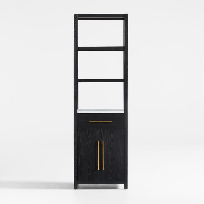 Carmen Tall White Marble Shelf and Black Ash Wood Bathroom Storage Tower