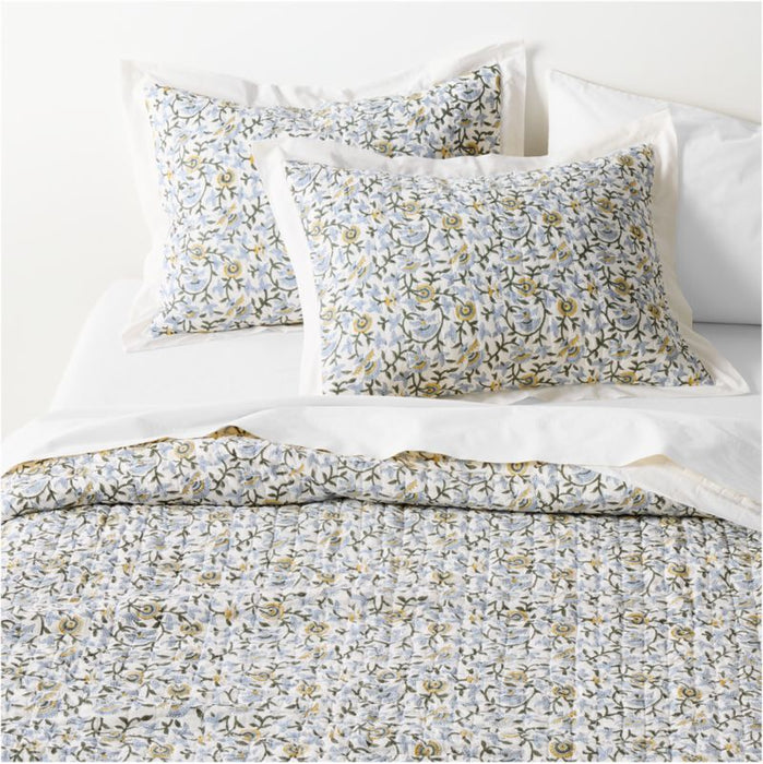Celeste Organic Cotton Blue Vine Print Euro Quilted Bed Pillow Sham