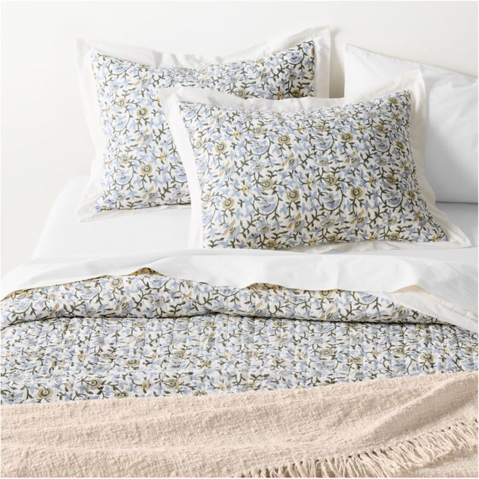 Celeste Organic Cotton Blue Vine Print King Quilted Bed Pillow Sham