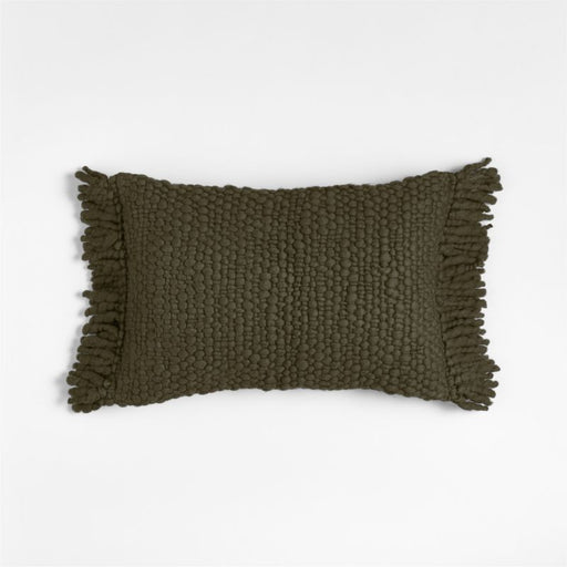 Chunky Woven Wool Fringe 22"x15" Burnt Green Throw Pillow Cover
