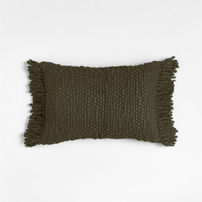 Chunky Woven Wool Fringe 22"x15" Burnt Green Throw Pillow Cover