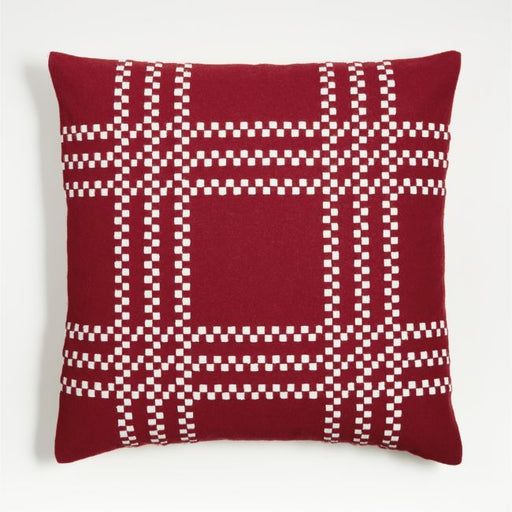 Luminous Red Felted Wool Plaid 23"x23" Holiday Throw Pillow Cover
