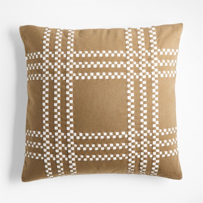 Camel Brown Felted Wool Plaid 23"x23" Holiday Throw Pillow Cover