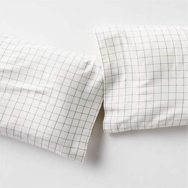Organic Cotton Flannel Spruce Green Standard Windowpane Pillowcases, Set of 2