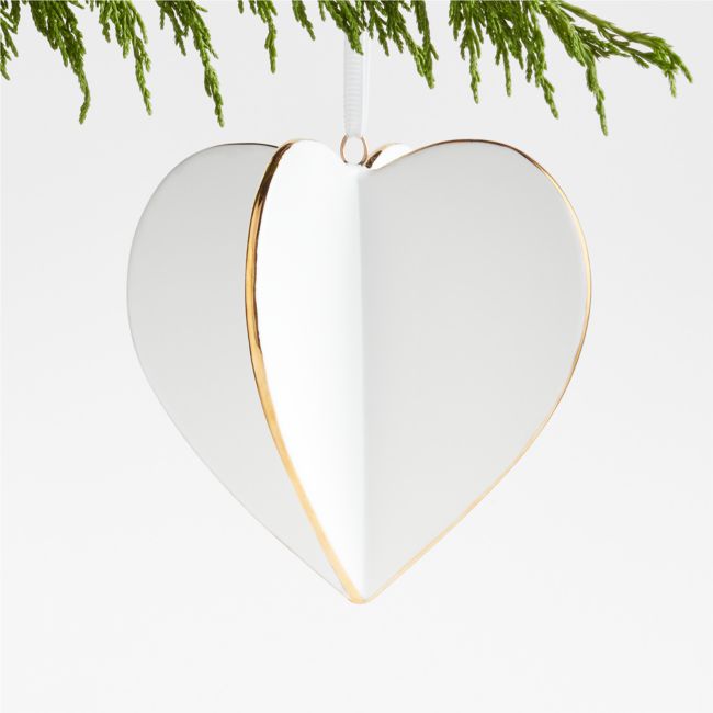 Large Gold and White Ceramic Heart Christmas Tree Ornament