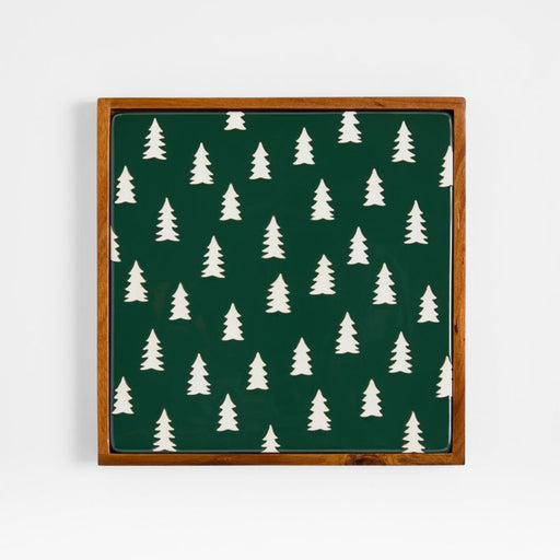 Green Trees Stoneware with Acacia Wood Trivet