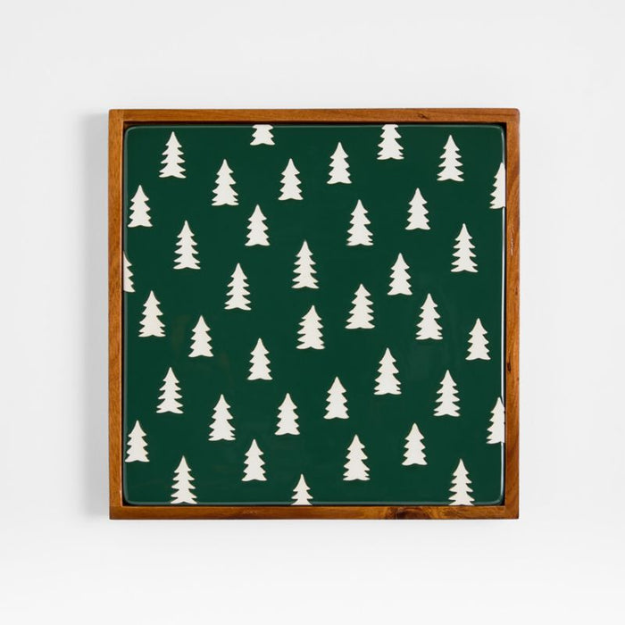 Green Trees Stoneware with Acacia Wood Trivet