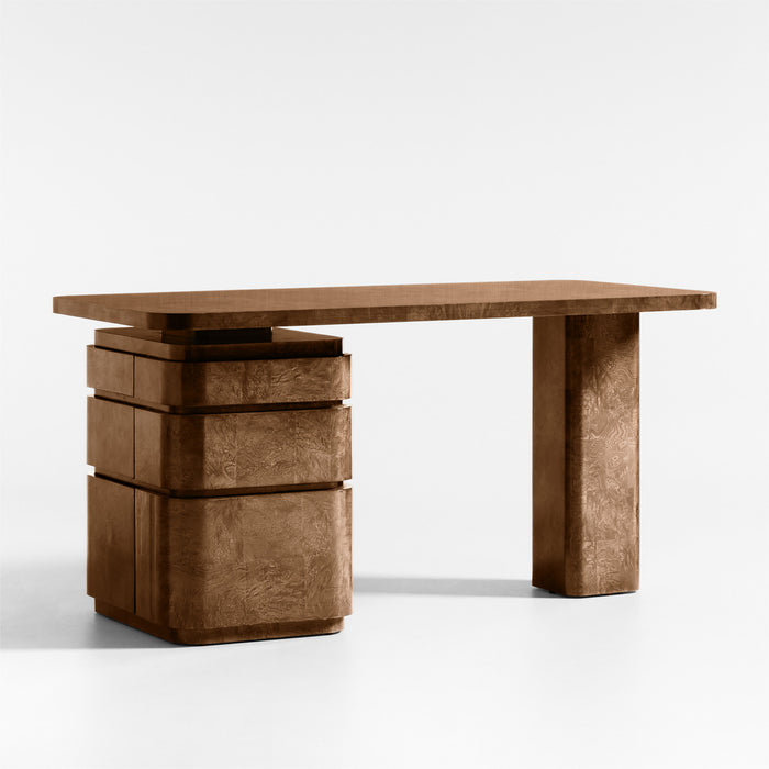 Greye 60" Ash Brown Burl Wood Desk with Swivel Drawers