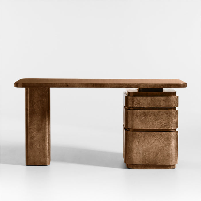 Greye 60" Ash Brown Burl Wood Desk with Swivel Drawers