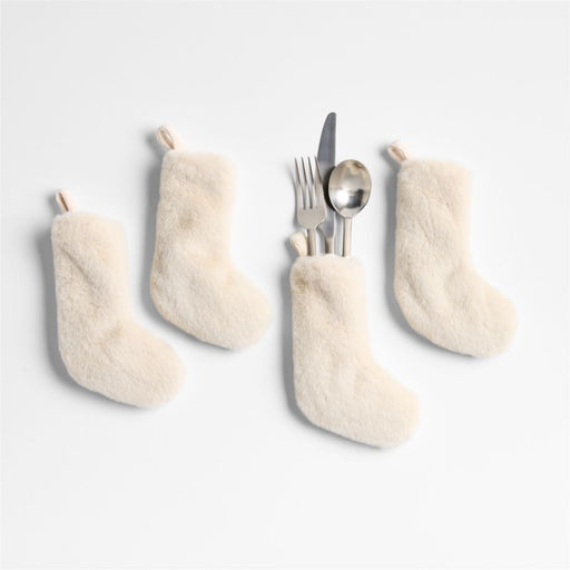 Holiday Faux Fur Ivory Flatware Stocking, Set of 4