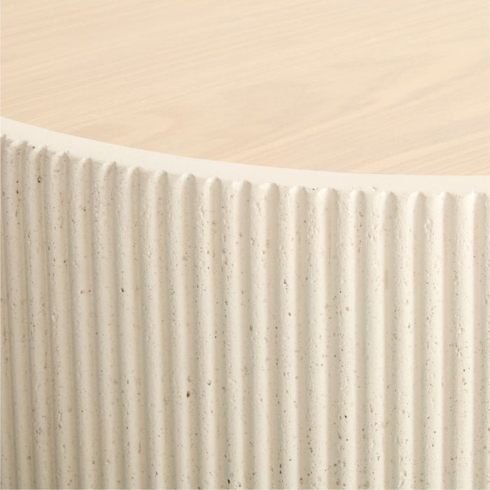 Kahn Off-White Concrete and Oak Wood Ribbed 62" Oval Coffee Table